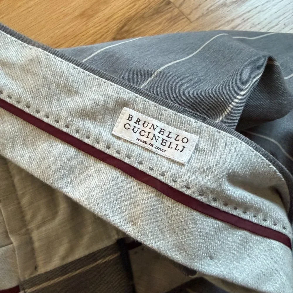 Brunello Cucinelli Pleated Chalk Stripe Wool & Cotton Trousers Size 36/36 - Picture 10 of 13
